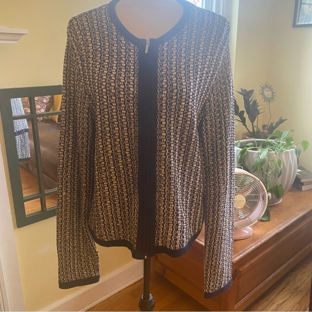 CHAPS SWEATER CARDIGAN ZIPPER JACKET WOMENS XL WHITE/NAVY BLUE LONG SLEEVE